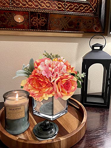 GnFlus Artificial Flowers in Vase Fake Silk Hydrangea Rose Flower Arrangement Faux Potted Flowers for Indoor Home Bathroom Office Table Shelf Decor, Orange - color: Orange, size: 3-in-1