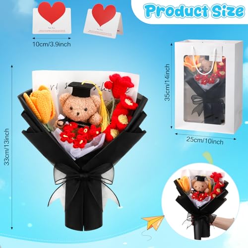Graduation Crochet Flower Bouquet Set Includes Bear Knitted Tulips Forget-me-nots Lily of the Valley Greeting Card Gift Bag 2026 Black Flower Bouquet Graduation Gift - color: Black, style: Knitted Bear and Tulip
