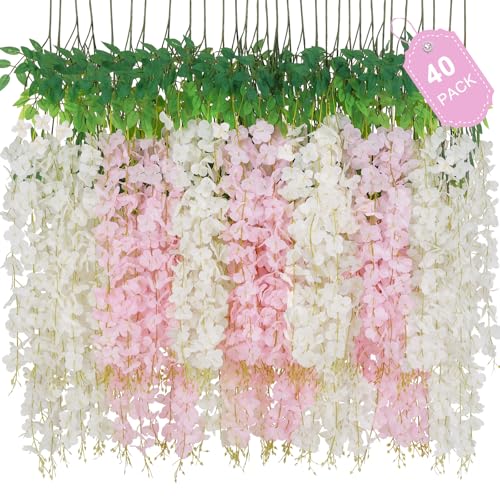 40 Pack White Pink Wisteria Hanging Flowers, Fake Flowers for Decoration, Artificial Hanging Flowers,Vines for Bedroom,Flower Garland for Home,Party,Garden, Wall,Wedding Decoration(3.6 Ft/Pcs) - color: White & Light Pink, size: 40 Pcs