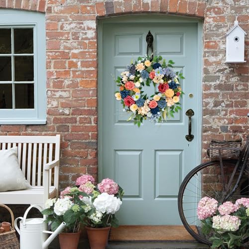 22 inch Spring Wreath Artificial Flower Wreaths Spring Summer Yellow Blue Rose Hydrangea Wreaths Front Door Hallway Window Decoration Wedding Birthday Decoration - color: Wreath