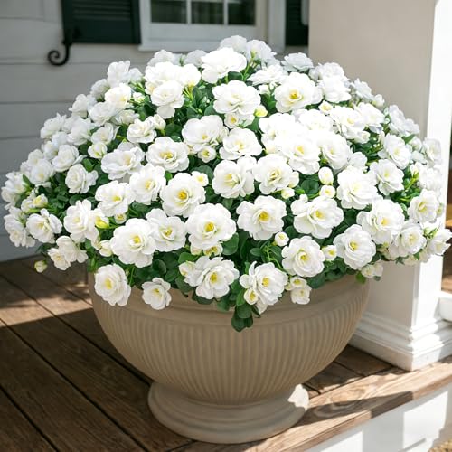 Ivydale Artificial Fake White Flowers Plants for Spring Outdoor Outside, Faux Silk Camellia UV Resistant Realistic for Front Door Porch Patio Balcony Garden Yard Decor, 3 Large Bundles - color: White