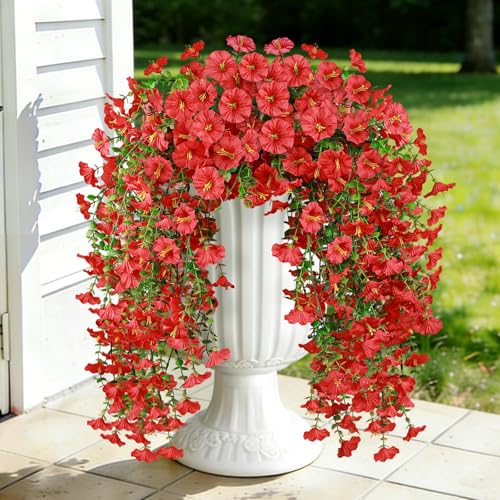 Artificial Hanging Flowers for Outdoors, 2PCS 300 Blooms UV Resistant Morning Glory Vine Fake Flowers with Eucalyptus, Realistic Silk Faux Hanging Plants Spring Summer Decorations for Outside (Red) - color: Red, size: 2PCS