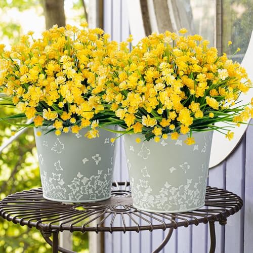 6 Bundles Artificial Flowers for Outdoors UV Resistant Fake Plastic Plants Faux Boston Fern Greenery Stems for Spring Summer Indoor Garden Patio Window Box Kitchen Home Decor (Yellow) - color: 6bundles--flower Yellow