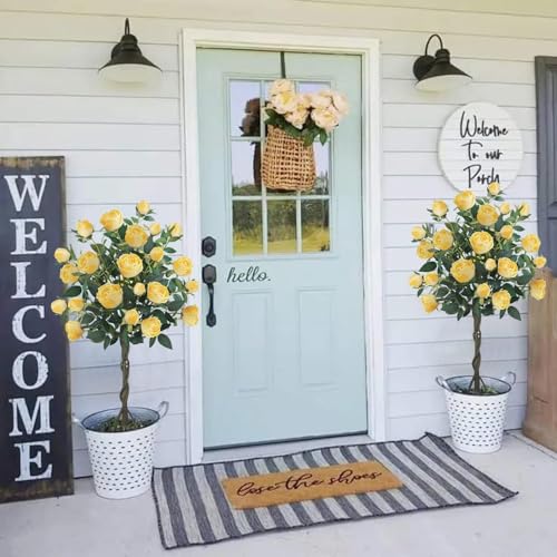 HUAESIN 4FT Artificial Outdoor Trees Rose Tree with 52 Blooming Artificial Flower Yellow Floral Tree for Home Decor Indoor Farmhouse Front Porch Yard Living Room Set of 2
