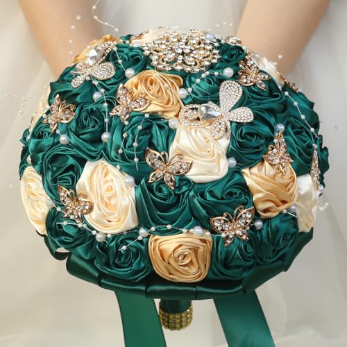 Handmade Wedding Flowers Bouquet Round Holding Bridal Bouquet Artificial Satin Roses Bunch for Bride Bridesmaid Wedding Quinceanera - color: Dark Green, Cream & Light Gold, size: Medium (Dia. 8.7"/22cm)