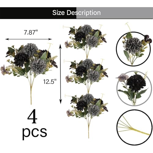 4 pcs Artificial Flowers Grey Black Fake Flowers Silk Artificial Chrysanthemum Ball Hydrangea Bridal Wedding Bouquet for Home Garden Party Decor - color: 4pcs-grey Black