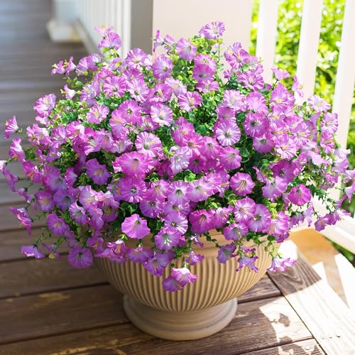 HyeFlora Artificial Flowers for Outdoors Fake Plants Outside Decoration, 12 Bundles Silk Purple Morning Glory UV Resistant Look Real Faux Flowers for Planter Front Door Porch Patio Yard Gardens Home - color: Gradient Purple