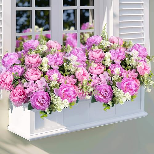 6 Bundles Peonies Artificial Flowers for Outdoors UV Resistant Faux Peony with Hydrangea Fake Flowers Silk Flowers for Outside Front Porch Garden Window Box Decor(Lavender Pink, Purple) - color: Lavender Pink, Purple