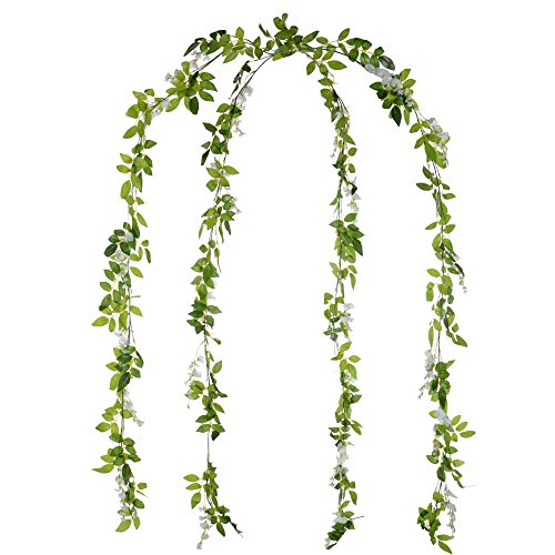 DearHouse 4Pcs 6.6Ft/Piece Artificial Flowers Silk Wisteria Garland Artificial Wisteria Vine Rattan Silk Hanging Flower for Home Garden Outdoor Ceremony Wedding Arch Floral Decor (White) - color: White