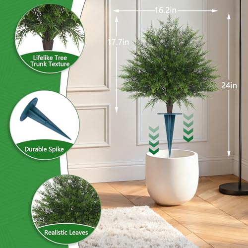 Grooy Artificial Cypress Topiary Bushes with Spike, 2 Pack Faux UV Resistant Cedar Ball Trees for Outdoor Planters, Fake Shrubs Plants for Porch Garden Decor - color: Cedar Tree