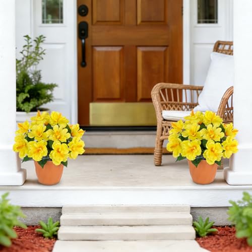 Briful Artificial Hibiscus Flowers in Pot, 14.1" Faux Tropical Flower Plant for Outdoor Porch, Potted Yellow Hibiscus Tabletop Decor for Living Room, Dining Table, Kitchen, Office, Indoor Home Décor - color: 14'' Yellow