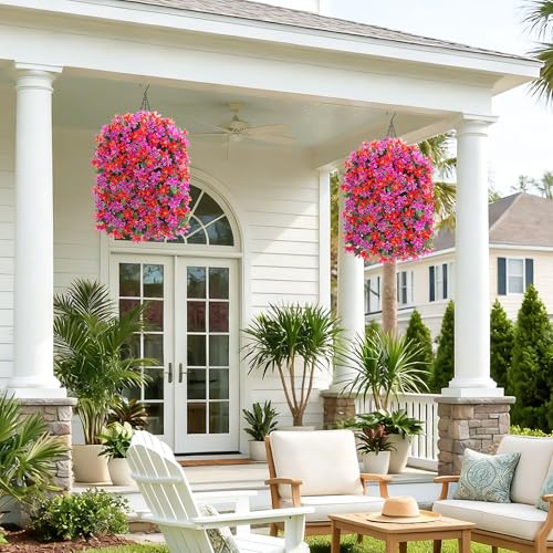 Hoppwodd Artificial Flower for Outdoors 4pcs Fake Lily Hanging Flower Baskets for Outside UV Resistant Silk Faux Long Trailing Vines for Garden Porch Patio, Fuchsia & Red - color: Fuchsia & Red