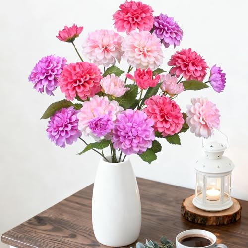 INXUGAO Artificial Flowers for Vase,6 Bunches Fake 27.5“ Long Stems Silk Pompon Dahlia for Indoor Outdoors Home Decor, Front Door Porches Yard Patio Garden Planters - [2 Purple + 2 Rose Red + 2 Pink] - color: Purpleroseredpink