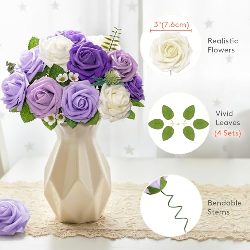Lifewit Artificial Flowers, 25 Pcs Ivory & Purple Mix Foam Real Looking Roses with Stems, Fake Roses for DIY Wedding Bouquets, Centerpieces Arrangements, Valentine Decorations - color: Ivory & Purple Mix