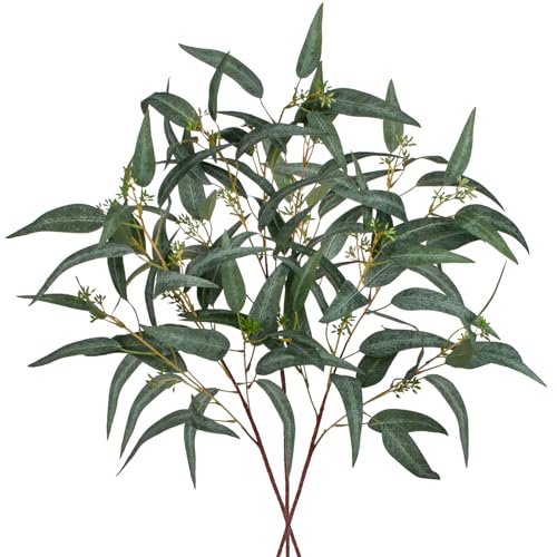 Faux Eucalyptus Stems Willow Eucalyptus Leaves 34” Long Fake Salix Leaves 3 Pcs Artificial Greenery Stems for DIY Bouquet Arrangements Centerpieces Shower Decorations-Artificial Eucalyptus Stems - color: Green With Seed, size: 3Pcs
