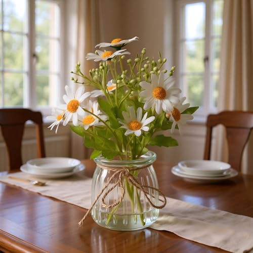 Set of 2 Artificial Daisy Flowers with Glass Vases - Realistic Fake Flowers, Flexible Silk Flower and Stems, Perfect for Home Offices, Living Room Tables, Windowsills & Wedding Decor. - color: Greenish-white