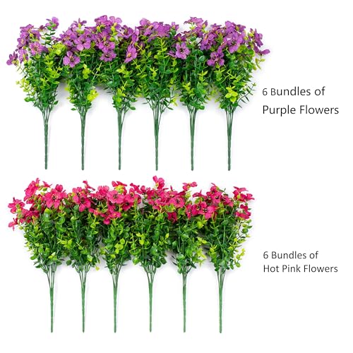 florisso Artificial Flowers for Outdoors Daisy 12 Bundles for Home Decoration, Faux Flower Fake Plants Outside Decoration with Eucalyptus UV Resistant for Planter Porch Patio Yard Garden - color: Purple Pink