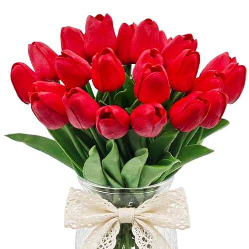 25Pcs Tulips Artificial Flowers, Faux Tulips Artificial Tulips Real Touch Tulip Fake Flowers Bouquets for Spring Wedding Home Kitchen Office Party Decor (Red) - color: Red