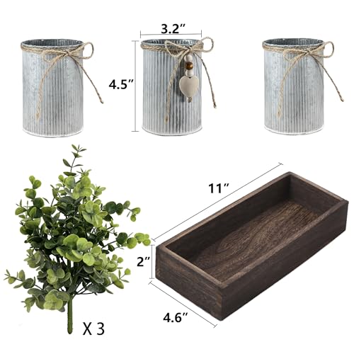 Artificial Flower Decorative Centerpiece, Frosty Green Eucalyptus Table Arrangement with 3 Rustic Metal Pots and Wood Tray for Farmhouse Home Décor - style: Eucalyptus