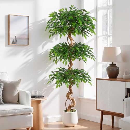 6ft Large Ficus Artificial Trees in White Pot, 72" Tall Fake Silk Tree with Natural Curved Trunk, Lush Faux Ficus Tree for Indoor Home Decor, Living Room, Office & Patio - size: 6ft
