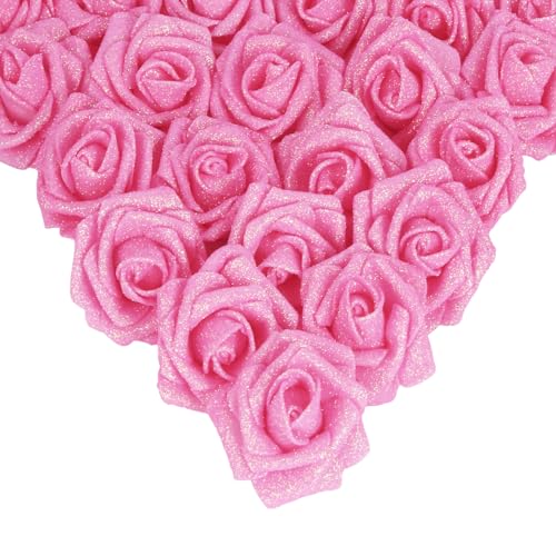 IPOPU Pink Glitter Roses,25PCS Fake Roses Sparkle Roses Bouquet Roses Artificial Flowers with Stems for Cake Wedding Bouquet Home Party Decoration(Dark Pink) - color: Dark Pink