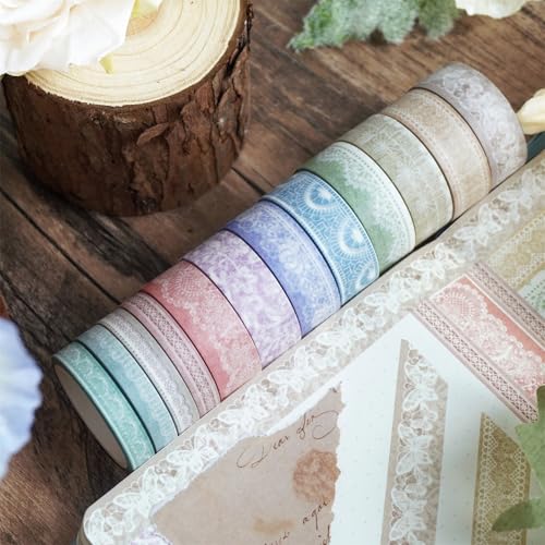 YUBBAEX 12 Rolls Lace Patterns Washi Tape Set Vintage Arts Masking Tape Floral Decorative for DIY Crafts, Bullet Journal Supplies, Planners, Scrapbook, Card/Gift Wrapping