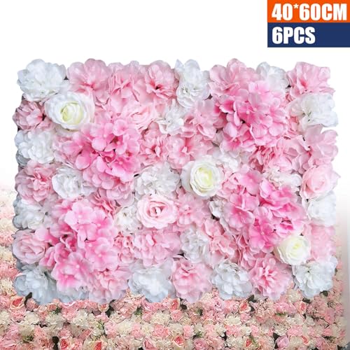 Flower Wall Panel Floral Backdrop, 6 Pcs Flower Wall Decor, 24" X 16" Silk Rose Wall, Artificial Flower Wall Backdrop Faux Flower Panel for Wedding, Party, Home (White Dahlia + Sweet Pink) - color: White Dahlia + Sweet Pink