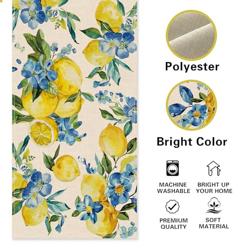 Lemon Blue Flower Dining Table Runner, Spring Summer Fruit Floral Burlap Kitchen Decoration, Seasonal Indoor Outdoor Home Decor Party Supply 13 x 72 Inches - color: Lemon Blue Flower, size: Table Runner 13''X72''
