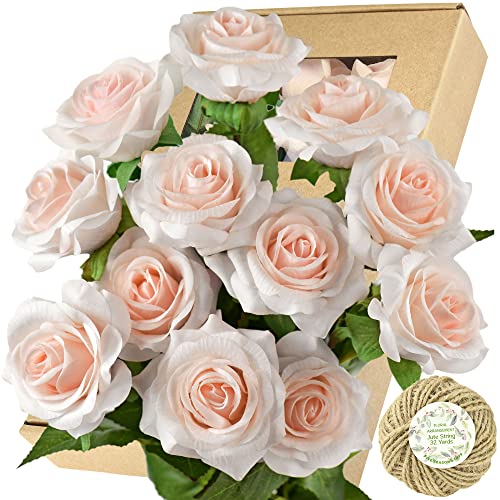 FiveSeasonStuff Fake Roses Wedding Flowers Real Touch Silk Cream Pink Artificial Flowers 12 Stems - color: Cream Pink