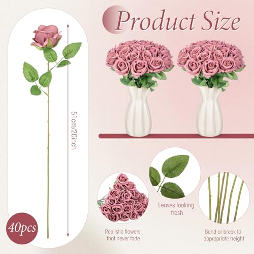 Hotop 40 Pcs Rose Artificial Flowers Bulk with Long Stem,Realistic Silk Fake Roses Bouquet for Home Wedding Centerpieces Party Table Decoration Valentines Gifts(Dusty) - color: Dusty