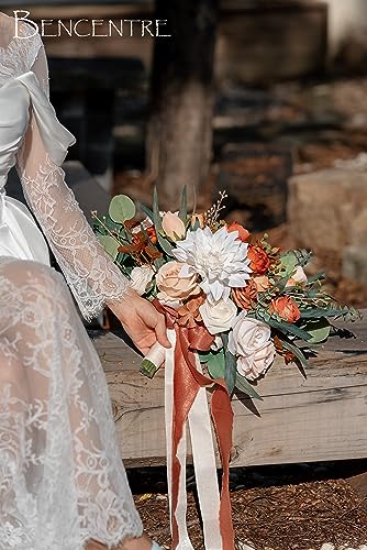 14 Inch Terracotta Bridal Bouquet, Fall Wedding, Bride Bouquets for Ceremony & Anniversary, French Rustic Vintage Style, Artificial Flowers - color: Terracotta, size: 14 Inch
