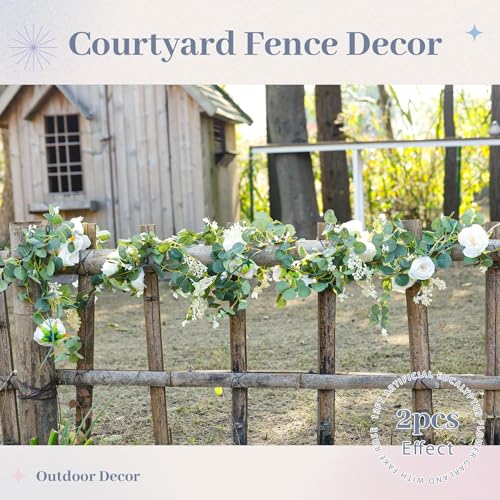 Der Rose 2 Pcs 13FT Artificial Flower Garland Wedding Decor, White Rose Eucalyptus Greenery Garland with Flowers & Floral Garland for Table Runner Flower Arch Backdrop - color: White 2 Pcs