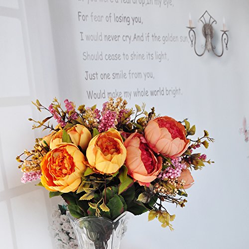 2pcs Artificial Peony Bouquets,19 Inch Silk Peony Bunch with 7 Faux Flowers,Classical Style Artificial Flowers with Leaves and Ornaments for Wedding,Home Décor Centerpieces(Orange) - color: Orange, size: Pack of 2