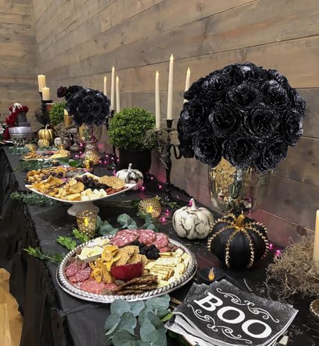 Roses Artificial Flowers,30PCS Black Glitter Roses Silk Roses for Wedding Bouquet Party Christmas Home Decor(Black) - color: Black
