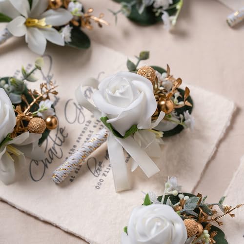 White Faux Foam Rose Men Boutonnieres for Wedding Prom 6Pcs | White Artificial Foam Rose Boutonnieres for Wedding Prom Groom Groomsmen Party Homecoming Graduation Suit Decoration - color: White Style a