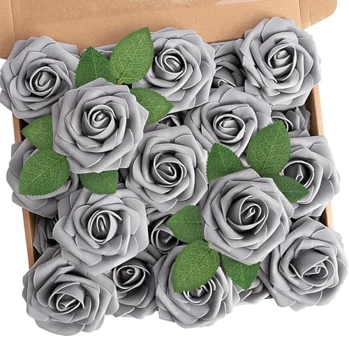 N&T NIETING Artificial Rose,25pcs Real Touch Fake Flowers Rose with Stems for DIY Wedding Bridesmaid Bridal Bouquets Centerpieces Home Arrangement Cake Decoration Home Display,Gray - color: Grey, size: 25pcs