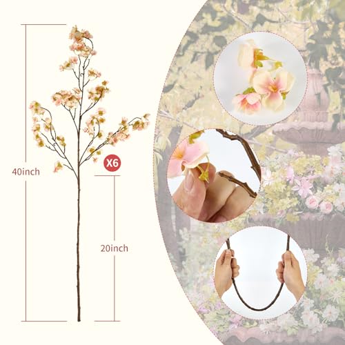 6 Pcs Artificial Cherry Blossom Flower Branches, Realistic Long Stem Silk Cherry Blossom Tree Stems Faux Cherry Flowers Vase Arrangements for Wedding Home Party Garden Decor (Pink) - color: Pink