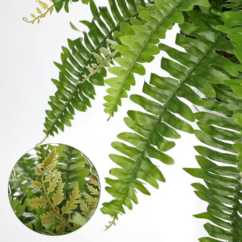 Hollyone 21" Artificial Boston Fern Hanging Basket 31 Leaves Fake Ferns in Rattan Pot Medium Greenery Plants for Outdoors & Indoor Faux Fern Bush Basket Plant Patio Garden Home Decor Green - color: Hanging Basket - Green Medium