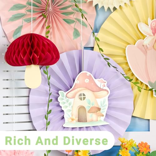 EASY JOY Fairy First Birthday Decorations Fairy Party Decors Fairy Paper Fan Set Pastel Paper Fans Butterfly Fans with Vines Hanging Mushroom Honeycomb for Baby Shower Birthday Tea Party Garden Forest - color: Fairy