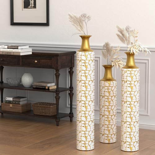 Metal Floor Vases Decorative, Set of 3 Flower Arrangement Stand, Metal Decorative Vase Tall Distressed Metallic Centerpiece Vases, 32", 28", 24" H (Antique White) - color: Antique White