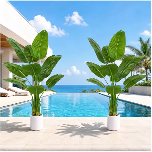 Pack 2 Artificial Bird of Paradise Plant 5FT Fake Palm Tree Faux Plants in White Pot Artificial Tree Fake Plant for Indoor Outdoor Modern Decoration for Home Living Room Office - color: 2 Pack, size: 5FT