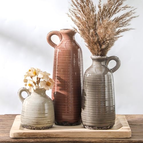 Ceramic Vases Set of 3, Neutral Rustic Farmhouse Vase with Handle, Decorative Flower Vases Home Decor Modern Boho Pampass Vase for Table Mantel Entryway Shelf Living Room Kitchen Bathroom - Brown - color: 010 Vase Set With Handle - Brown