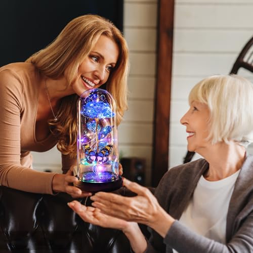 Mothers Day Rose Gifts for Mom Birthday Gift for Women, Rechargeable Galaxy Glass Rose in Glass Dome Crystal Eternal Roses Butterfly Mother's Day Flowers Gifts for Women Mom Wife Grandma Daughter Blue - color: USB-C Blue