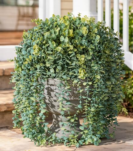 Faux Outdoor Plants Fake Hanging Plants for Outdoors Outside Decorations, 2 Pcs White Faux Eucalyptus Vines Realistic UV Resistant Artificial Greenery for Planters Porch Garden Yard Front Door Patio - color: Eucalyptus Vine-white