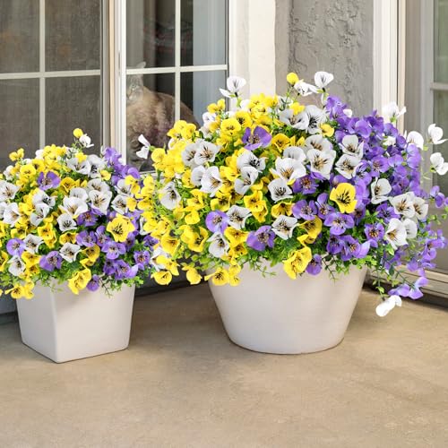 Geegoods Artificial Flowers for Outdoor, UV Resistant Faux Silk Pansy Flowers with Butterfly Accents, Realistic Fake Plants for Planters, Window Boxes & Grave Decor (Mix 3 Colors, 24Pcs) - color: Purple White Yellow, size: 24PCS