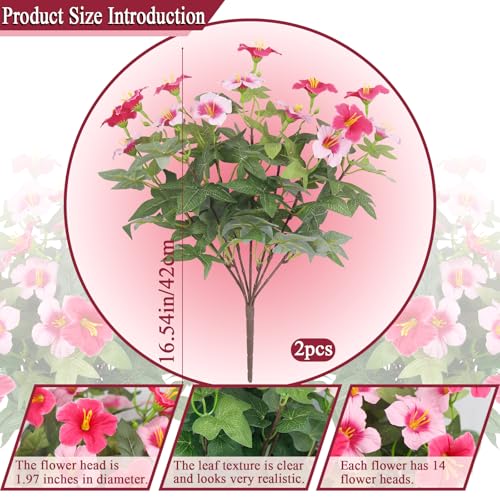 2 Pcs Artificial Flowers for Outdoors Fake Plants Outside Spring Summer Decoration Realistic Silk Morning Glory UV Resistant Faux Flowers for Planter Patio Yard Garden Front Porch Pink Rose Red - color: Pink, Rose Red