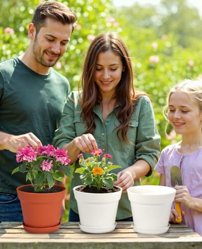 homenote Plant Pots,6 Inch Flower Pots for Plants Plastic Planters for Indoor with Multiple Drainage Holes and Trays, for All Home Garden Flowers Succulents,Outdoor(White&Red,16 Pack) - color: White & Terra Cotta-16 Pcs, size: 6 Inch