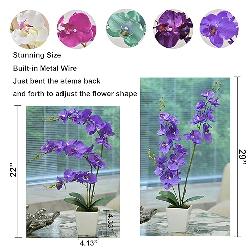 Faux Orchid in Vase Large Artificial Orchid in Ceramic Vase Silk Orchids with Stems Real Look Potted Phalaenopsis Flowers Arrangement Centerpiece Table Decorations for Home Decor Indoor, Purple - color: Y-purple