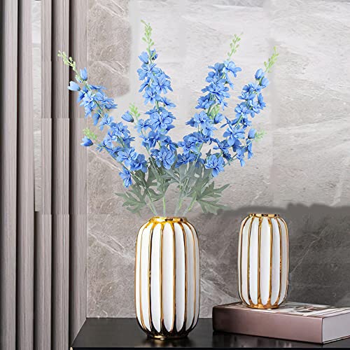 FERIAL Blue Silk Larkspur Flowers 4pcs Artificial Delphinium Faux Snapdragon Long Stem Fake Plant Spray Arrangement for Home Decor Indoor Outdoor Office Garden Wedding Table Vase Decor (Blue) - color: Blue