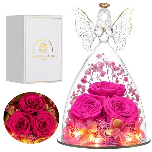 Mothers Day Rose Gifts for Women Preserved Real Flower in Glass Angel Figurines Roses for Delivery Prime Birthday Gifts for Mom Grandma Girlfriend Wife Her - Hot Pink - color: Hot Pink